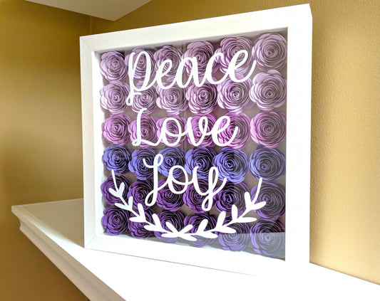 Purple rolled paper flower shadow box peace love joy home decor