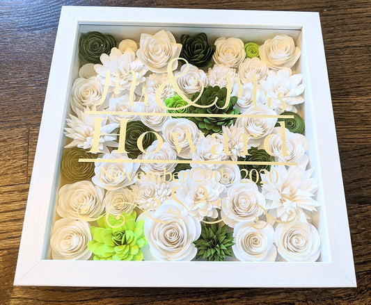 Wedding paper flower shadow box, wedding gift personalized, wedding flowers shadow box, gift for bride, paper anniversary gift,Mr & Mrs gift