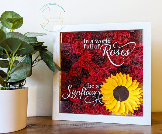 In a world full of roses paper flower shadow box, paper flower wall decor, sunflower decor, paper rose shadow box, gift for her,gift for mom