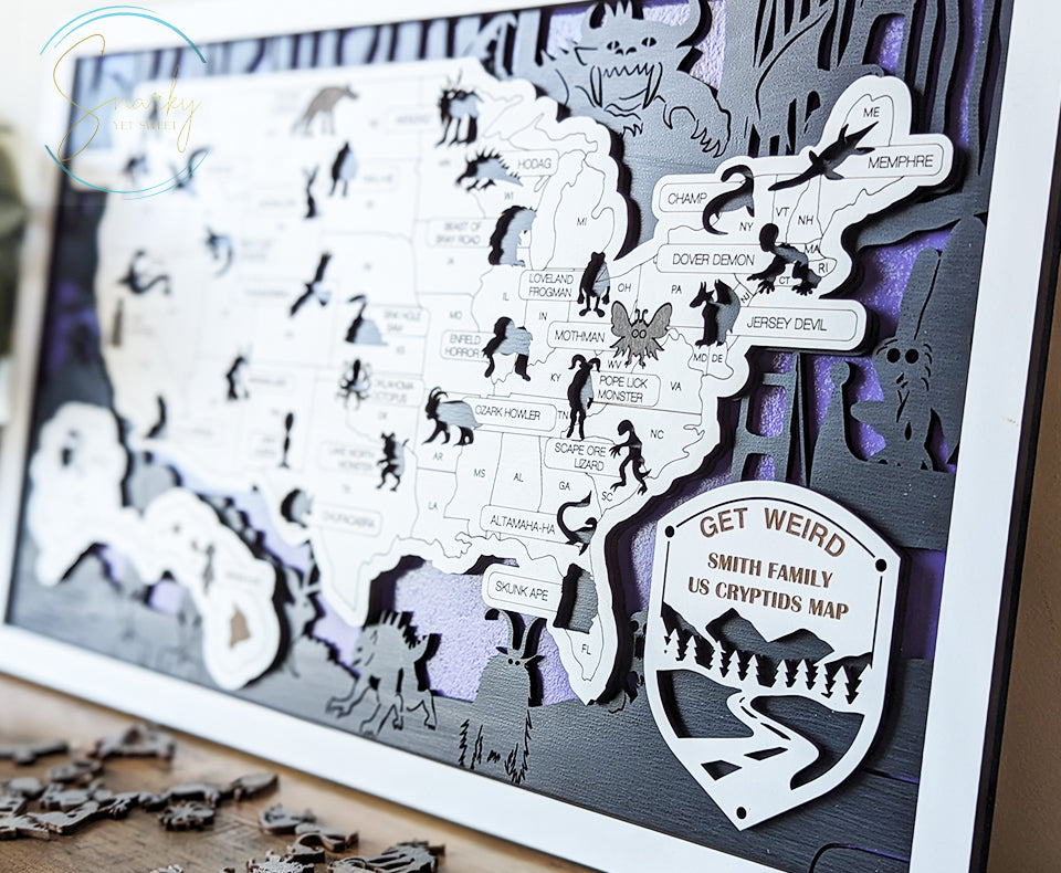 Cryptids travel map, cryptids gifts, mothman, bigfoot gifts, monsters, unique gift, cryptid fans, monsters in America