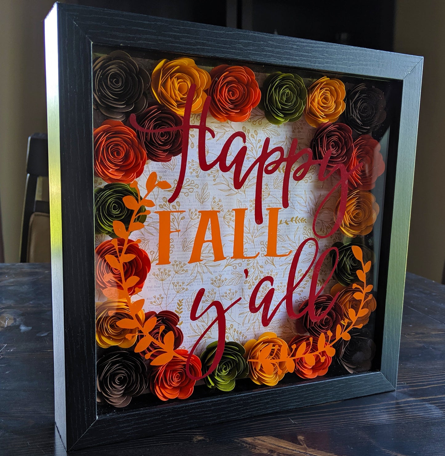 Happy Fall Y'all rolled paper flower shadow box fall home decor