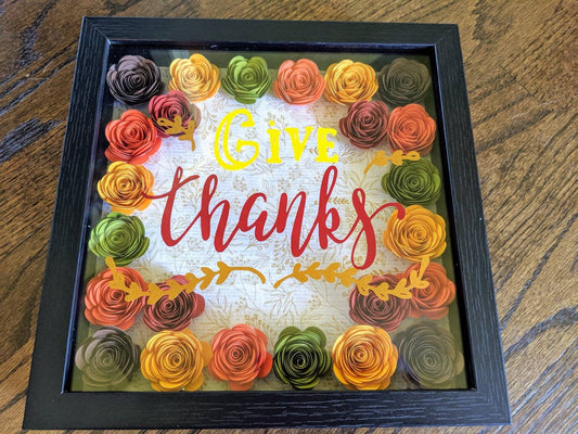 Give Thanks paper flower shadow box wall home decor fall or Thanksgiving