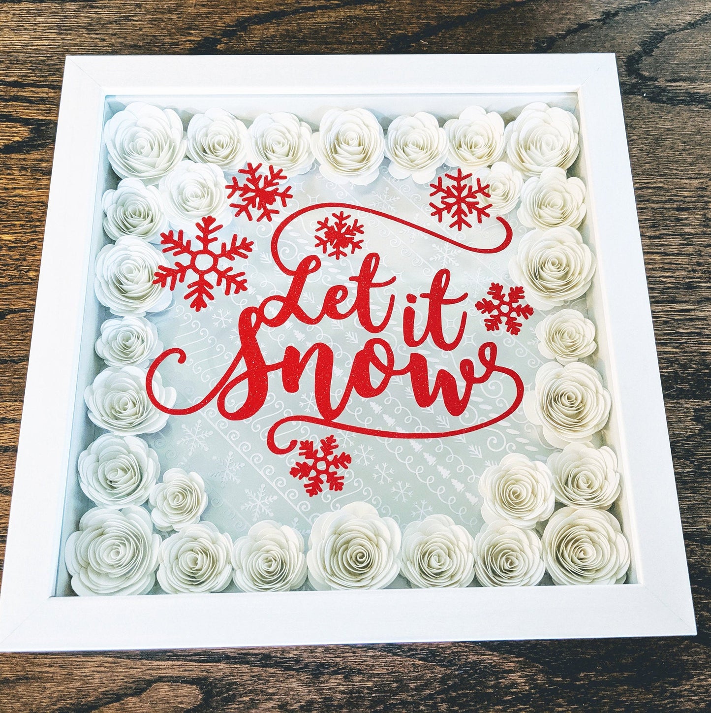Let it snow rolled paper flower shadow box holiday home decor