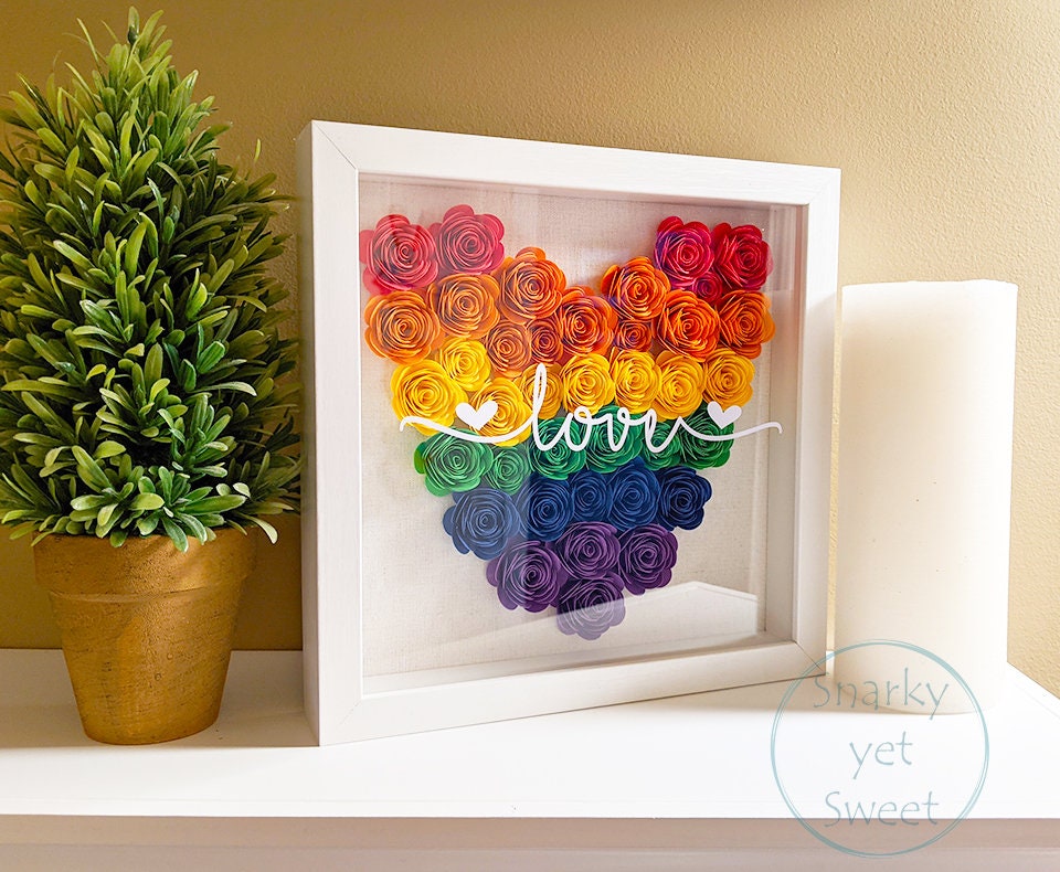 Rainbow Love, paper flower shadow box, LGBTQIA home decor, love is love sign, pride decor, gift for girlfriend lesbian, lgbtq decor