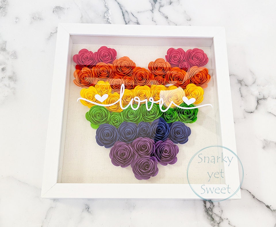 Rainbow Love, paper flower shadow box, LGBTQIA home decor, love is love sign, pride decor, gift for girlfriend lesbian, lgbtq decor