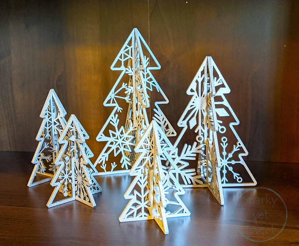 3d laser cut standing wood tree set, home decor, 3d trees, patterned trees, Christmas decor, shelf sitters