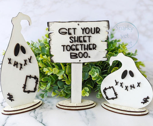 Get your sheet together, ghost decor Halloween, snarky Halloween, ghost decor wood, funny Halloween, gift for friend, shelf decorations