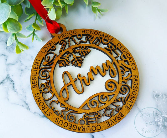 Army layered ornament, army ornament, military ornament, personalized ornament, unique wood ornament, laser cut ornament