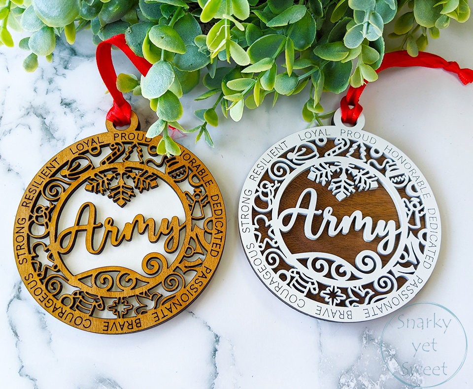 Army layered ornament, army ornament, military ornament, personalized ornament, unique wood ornament, laser cut ornament