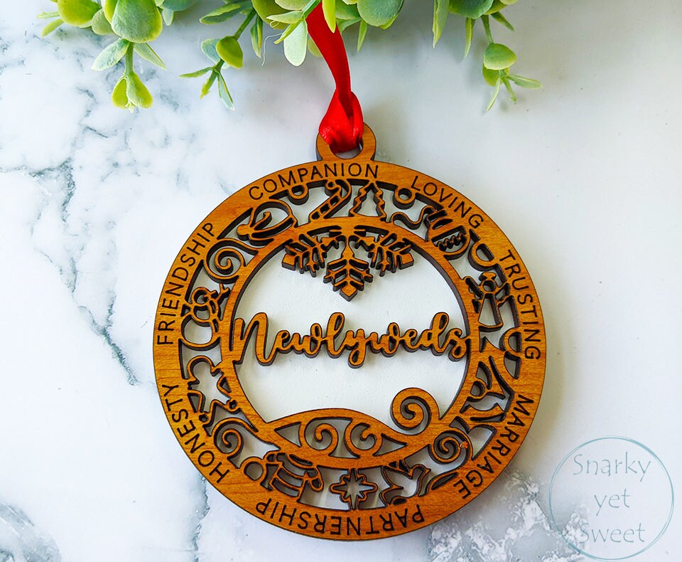 Newlyweds layered ornament, just married ornament, newlyweds ornament, personalized ornament, unique wood ornament, laser cut ornament