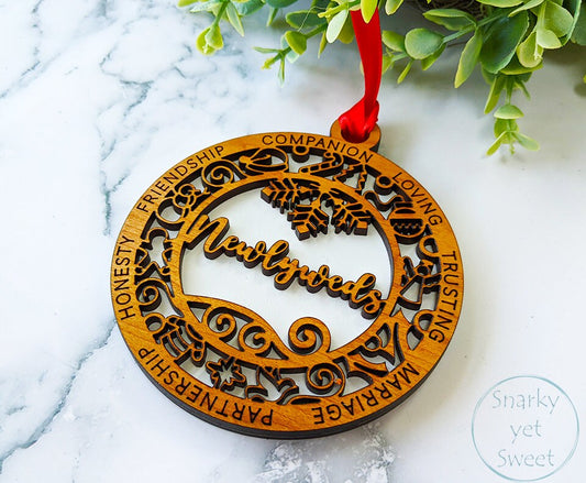 Newlyweds layered ornament, just married ornament, newlyweds ornament, personalized ornament, unique wood ornament, laser cut ornament