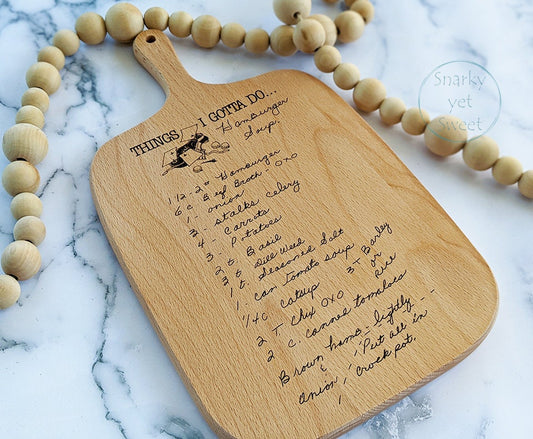 Handwritten recipe cutting board, custom cutting board with recipe, cutting board with handle, engraved cutting board with recipe