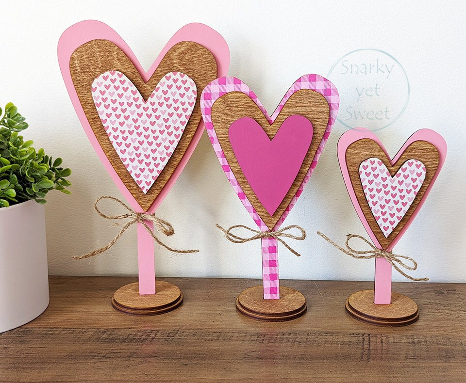 Triple standing hearts home decor, set of 3 standing hearts, Valentine's Day decor, valentines decor, patterned wood hearts, gift for her