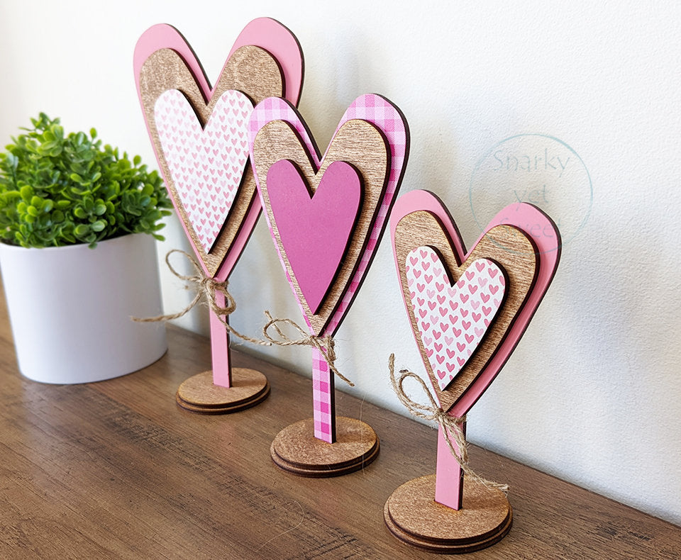 Triple standing hearts home decor, set of 3 standing hearts, Valentine's Day decor, valentines decor, patterned wood hearts, gift for her