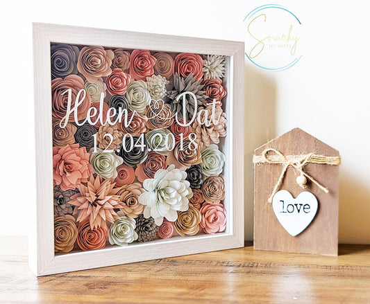 Dusty Rose Couple Names Valentine's rolled paper flower shadow box home decor