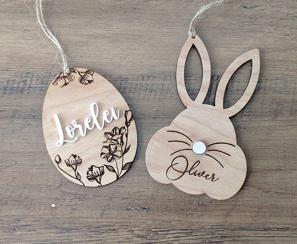 Easter basket name tags, wood Easter basket tags, wood engraved Easter tags, personalized Easter basket name tags, engraved Easter tags